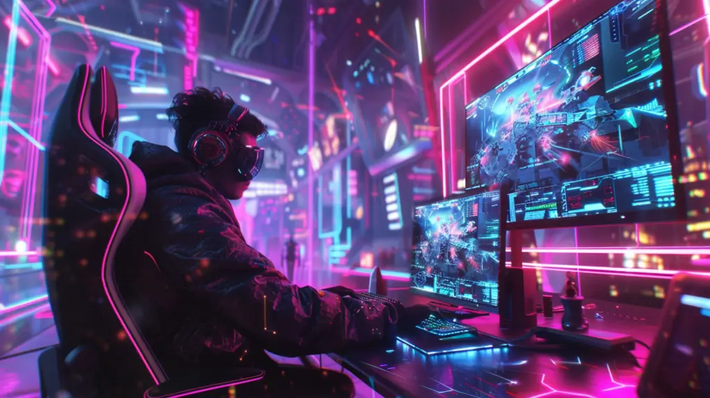 En person med hörlurar spelar ett tv-spel med AI som medspelare på en dator i ett neonbelyst rum fyllt av futuristiska, rosa och blå lampor och skärmar som visar spelgrafik och data.