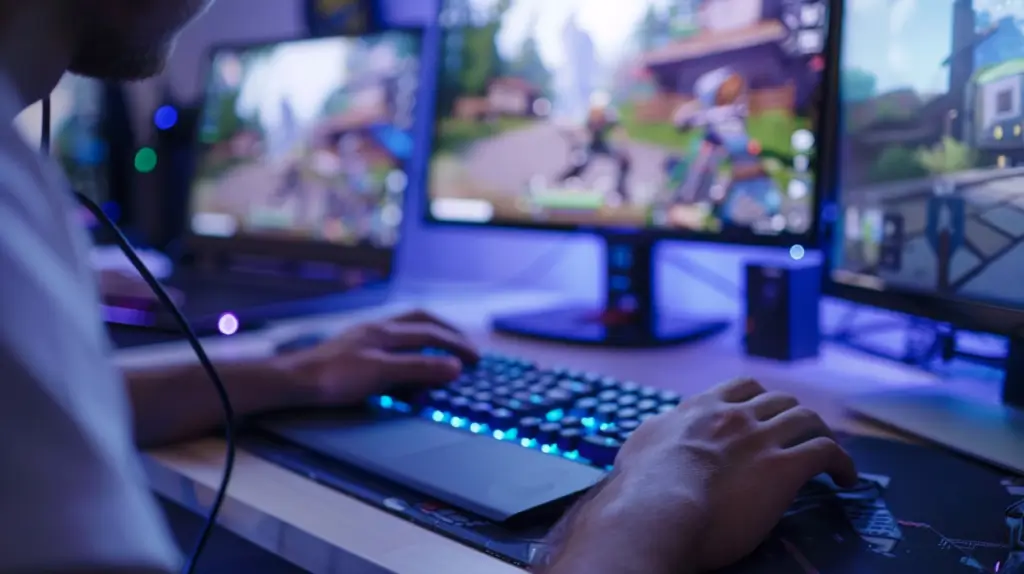 En person spelar Fortnite via cloud gaming på en stationär dator med RGB-tangentbordsbelysning, omgiven av flera bildskärmar som visar en färgglad spelscen i ett svagt upplyst rum.
