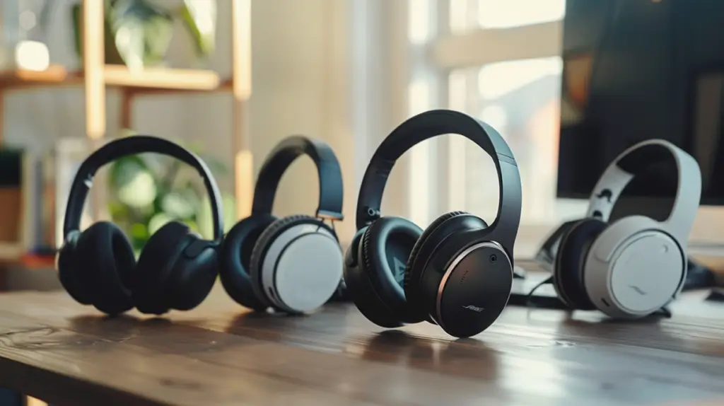 Tre par Bose over-ear hörlurar, bästi test och toppval 2025, i svart och silver visas på ett träbord med mjukt naturligt ljus. Den suddiga bakgrunden avslöjar växter och en del av en datorskärm, perfekt för fans av Gaming headset trådlöst.