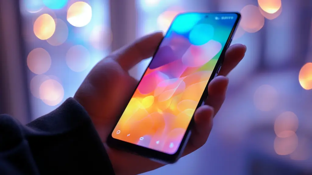 En hand håller i en Google Pixel 9 smartphone med en färgglad, abstrakt skärm. Bakgrunden är mjukt suddig med bokeh-ljus i nyanser av blått, lila och orange.