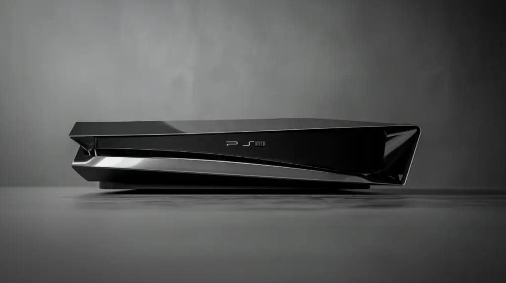 En elegant, svart spelkonsol Playstation 6 märkt "PS6" visas på en slät yta mot en grå, suddig bakgrund. Med sin moderna, kantiga design och reflekterande ytor sätter den standarden för vad vi kan förvänta oss av en framtida Playstation 6, enligt vad vi vet.