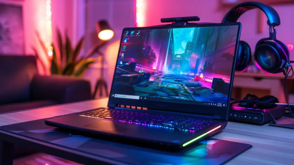 En bärbar speldator med färgglad RGB-bakgrundsbelysning står på ett skrivbord och visar en livfull futuristisk stadsbild på skärmen. Hörlurar vilar i närheten, och lila och rosa LED-lampor fyller rummet - en idealisk inställning för Bästa gaminglaptop 2025.