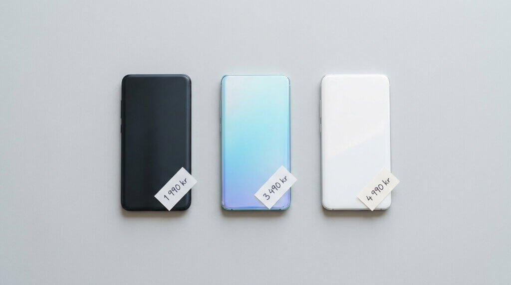 Tre smartphones i svart, blått och vitt visas sida vid sida på en ljus yta, var och en med en prislapp i tjeckiska koruna: 1 990 Kč, 3 490 Kč respektive 4 990 Kč.