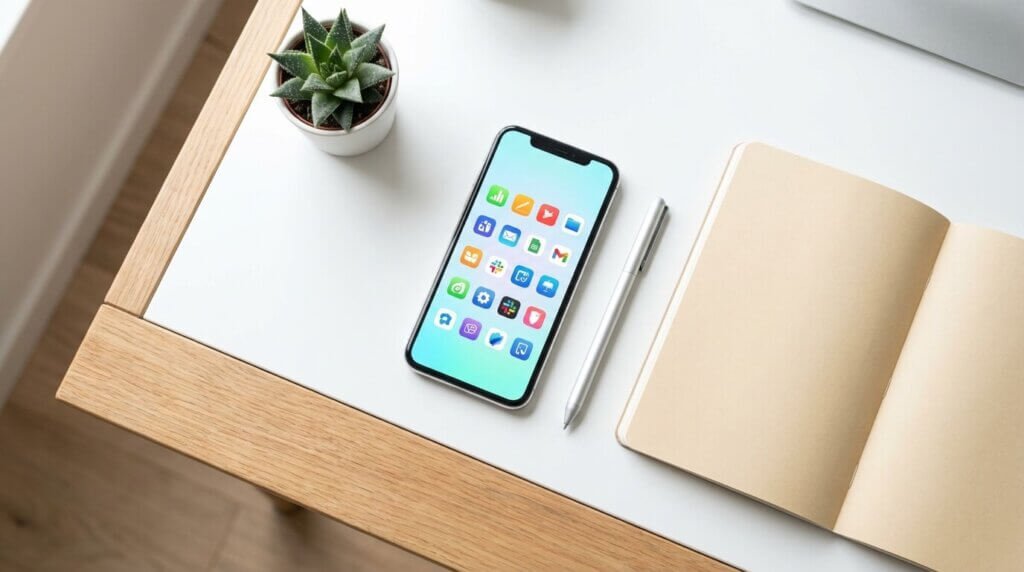 En smartphone med färgglada appikoner ligger på ett vitt skrivbord bredvid en öppen anteckningsbok, en silverpenna och en liten suckulentväxt i kruka. Kanten på en bärbar dator är delvis synlig uppe till höger.