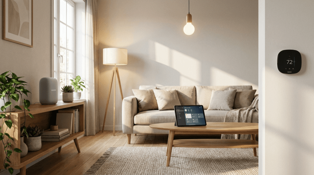 Bygga smart hem från grunden – guide 2026 Ett modernt vardagsrum med soffa, golvlampa, soffbord med surfplatta, sidobord med växter och en smart högtalare, stort fönster och en smart termostat på väggen som visar 72°F.