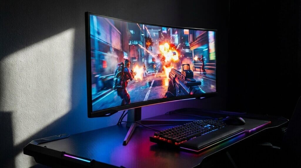 Gamingskärm och Hz – gör det verkligen skillnad? En böjd spelmonitor visar ett actionfyllt skjutspel med explosioner och skottlossning. Ett tangentbord och en mus med färgglad RGB-belysning ligger på det svarta skrivbordet under bildskärmen.