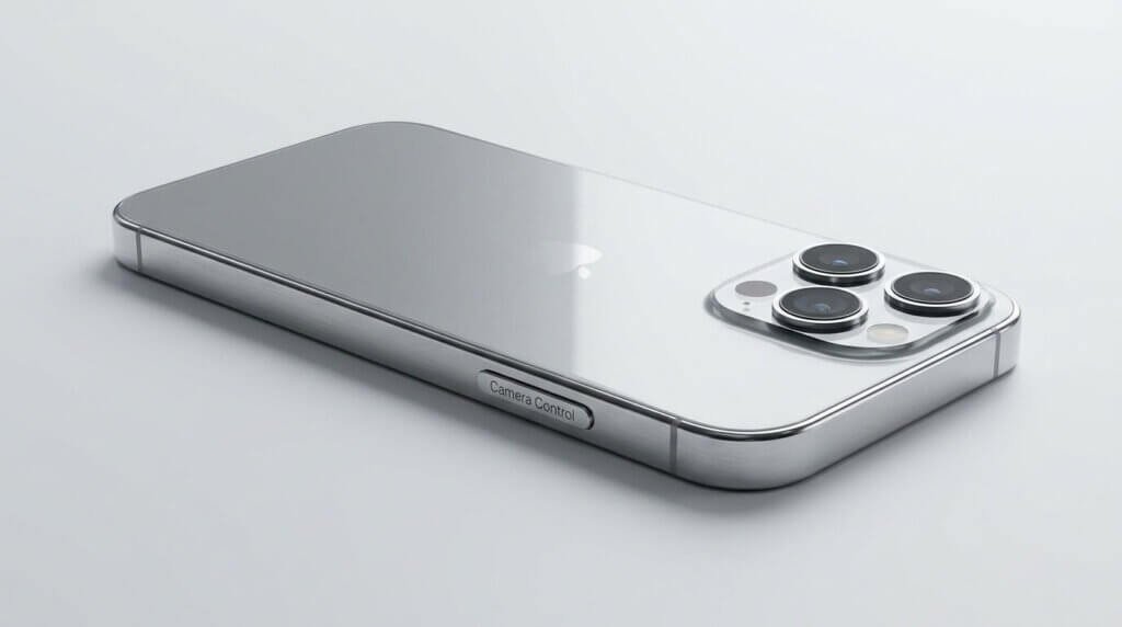 En silverfärgad smartphone med reflekterande baksida, tre bakre kameror och en design med platta kanter, liggande med framsidan nedåt på en ljusgrå yta. Knappen på sidan är märkt "Camera Control".