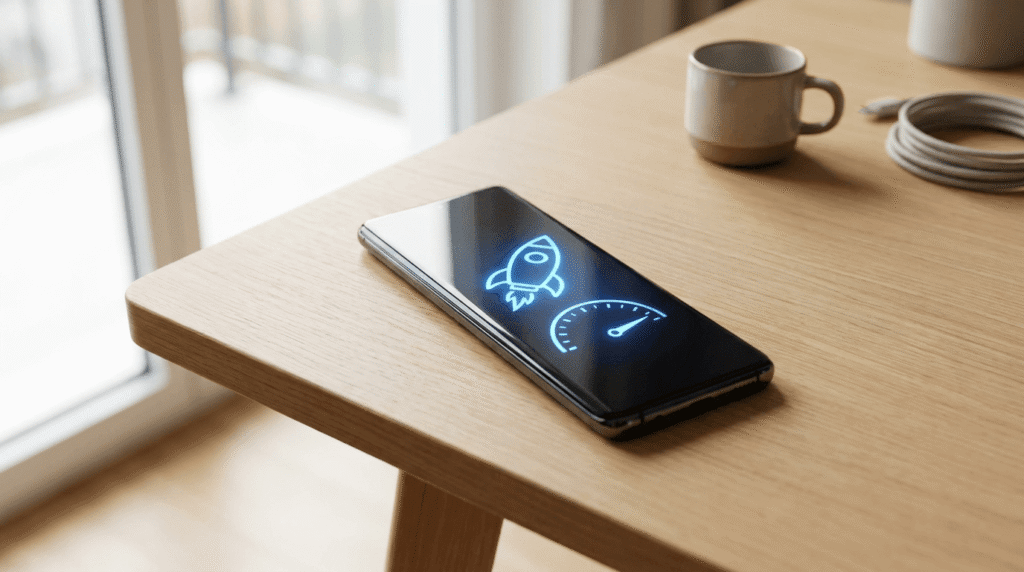 En smartphone med en lysande raket och en hastighetsmätare på skärmen vilar på ett träbord i närheten av en kaffemugg och en spiralkabel, med ett fönster i bakgrunden.