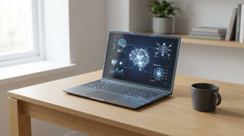 En bärbar dator med digitala diagram över artificiell intelligens och neurala nätverk står på ett träbord bredvid en mörk mugg, med hyllor och ett fönster i bakgrunden.