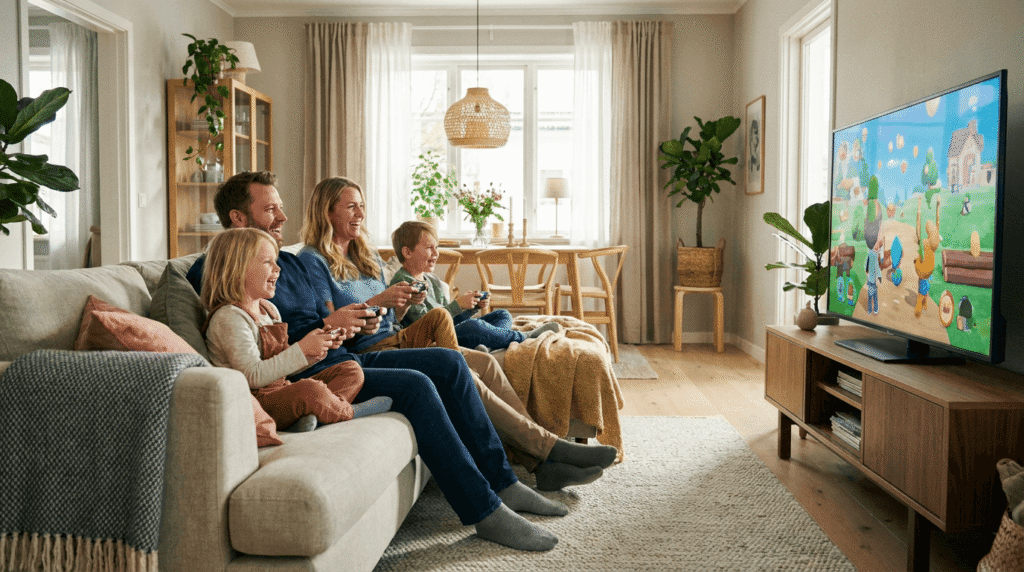 En familj på fyra personer sitter på en soffa i ett mysigt vardagsrum, ler och spelar ett videospel tillsammans på en stor TV. Rummet är ljust och inrett med växter och i neutrala färger.