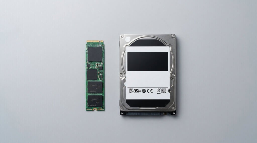 En SSD-enhet (Solid State Drive) och en traditionell hårddisk (HDD) är placerade sida vid sida på en ljusgrå yta för att visa skillnaderna i storlek och formfaktor mellan de två lagringsenheterna.