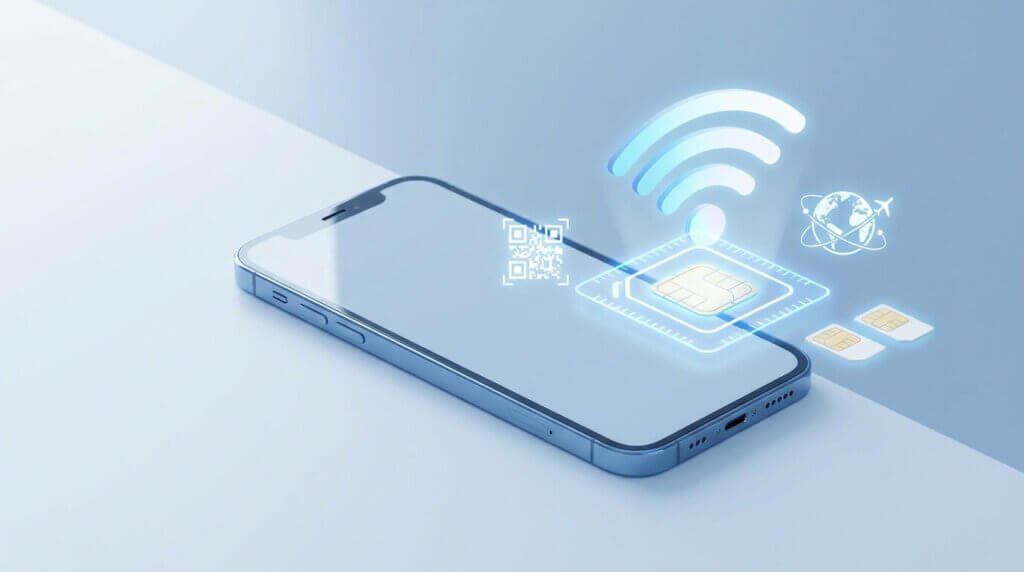 En smartphone med digitala symboler ovanför, bland annat ett SIM-kort, en QR-kod, en trådlös signal och en jordglob, som symboliserar eSIM-teknik och trådlös anslutning. Två fysiska SIM-kort ligger bredvid telefonen.
