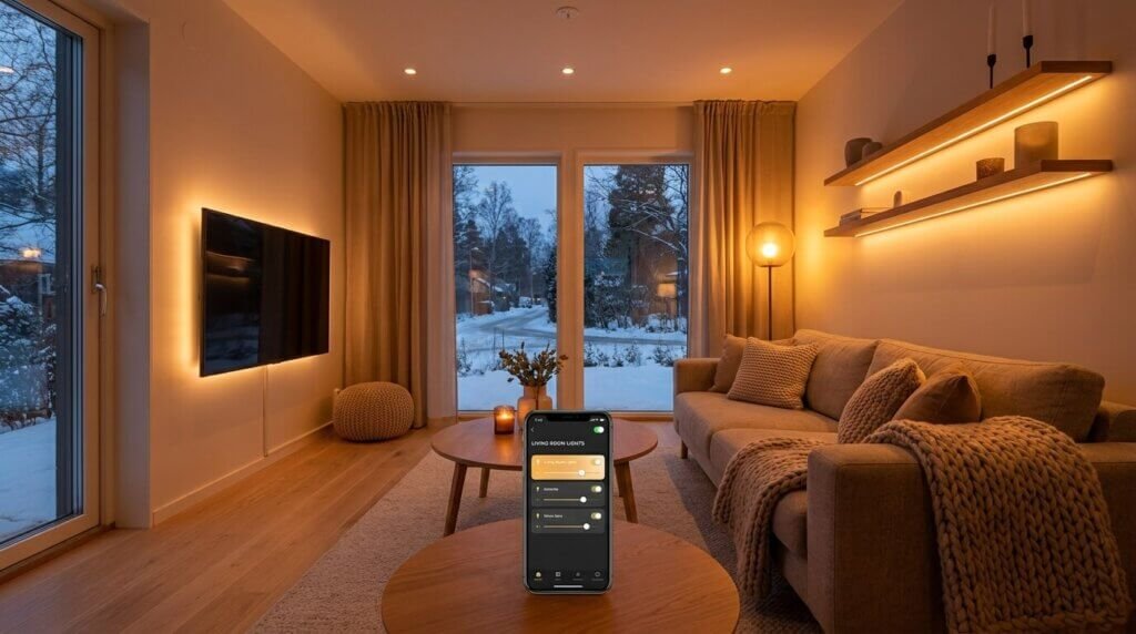 Ett modernt vardagsrum med soffa, runda bord, TV och vägghyllor, mjukt upplyst av varmt ljus. I förgrunden syns en smartphone där en app för belysningsstyrning är öppen. Genom de stora fönstren syns ett snölandskap.