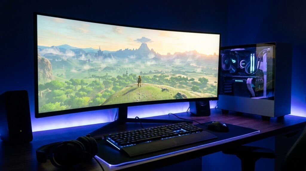 En böjd skärm visar ett vackert videospel-landskap på ett skrivbord med tangentbord, mus, headset och en lysande spel-PC i ett mörkt rum med blå LED-belysning.